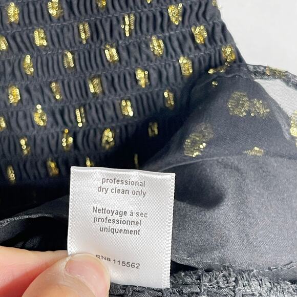 Likely Size 10 Black Gold Zephra Metallic Dot Print Ruffle Mini Dress Cocktail - Picture 10 of 12